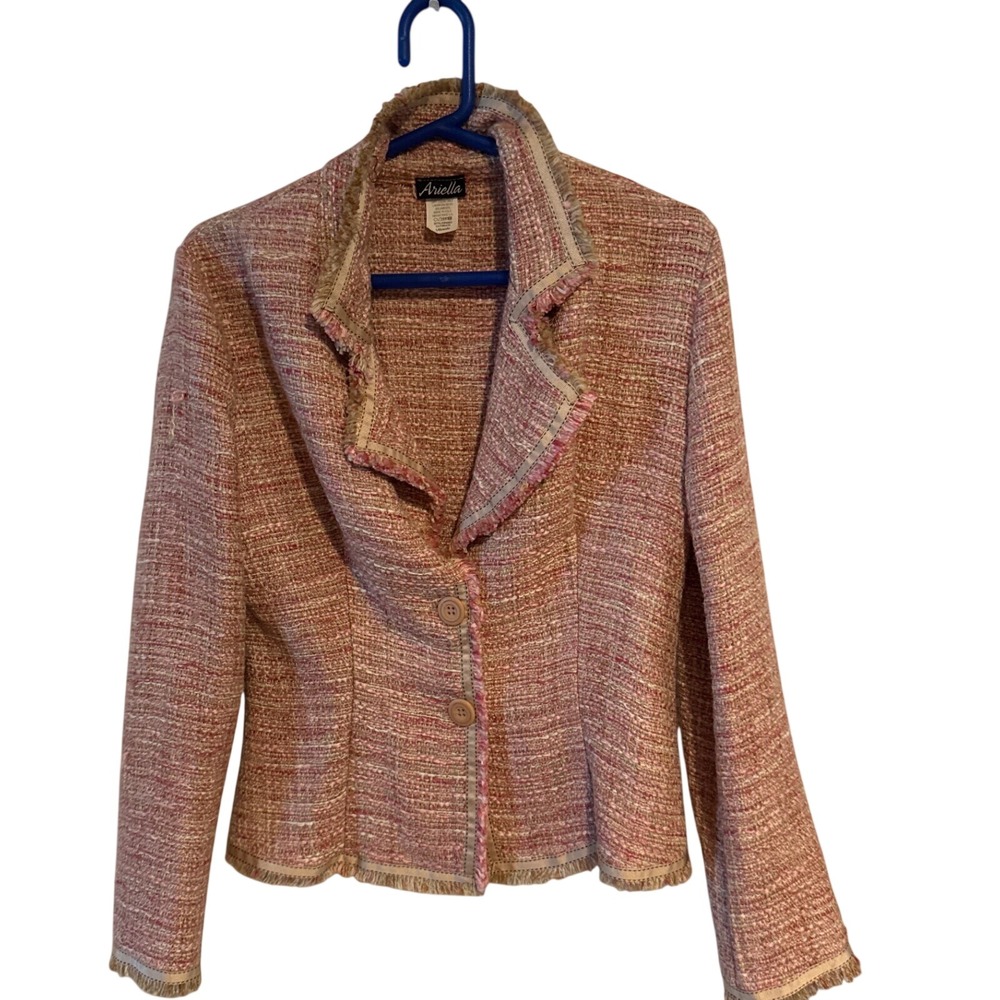 Vtg Arielle Pink Tan Tweed Women's Large Frayed Trim Blazer Jacket Made in USA